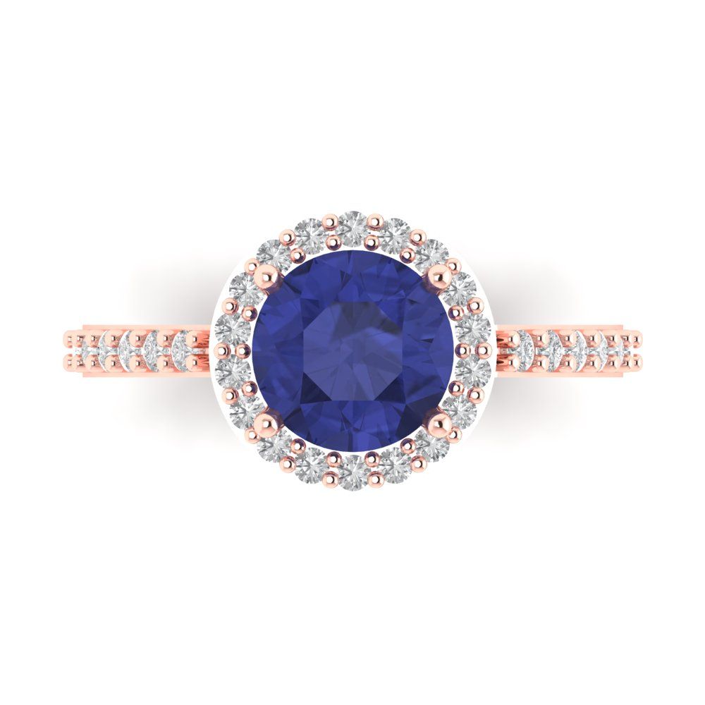 1.86 cttw Simulated Tanzanite Hidden Halo Engagement Ring - Solid Gold (Round Cut,7.5mm)