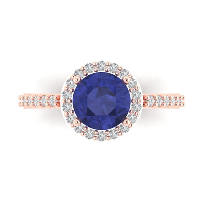 1.86 cttw Simulated Tanzanite Hidden Halo Engagement Ring - Solid Gold (Round Cut,7.5mm)