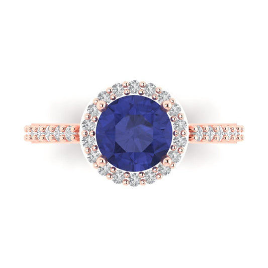 1.86 cttw Simulated Tanzanite Hidden Halo Engagement Ring - Solid Rose Gold (VVS1, Round Cut,7.5mm)