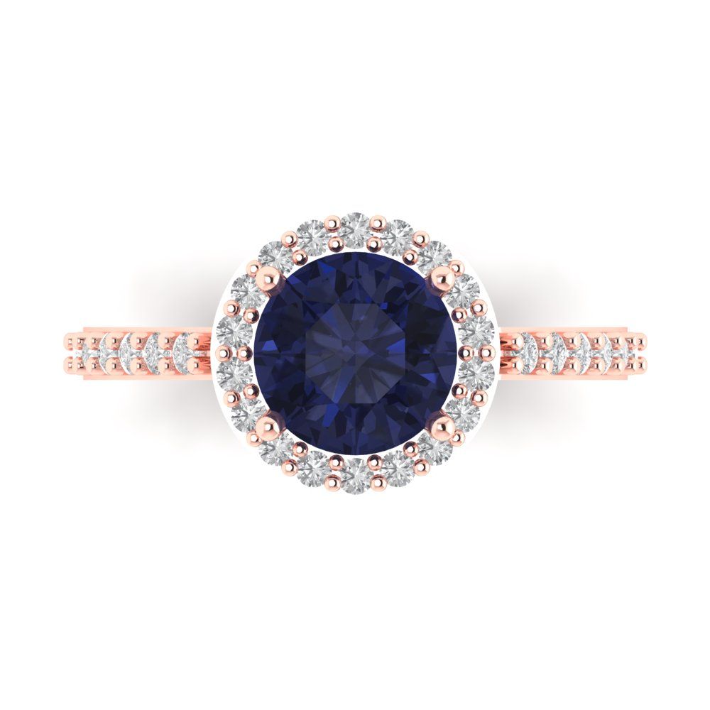 1.86 cttw Simulated Blue Sapphire Hidden Halo Engagement Ring - Solid Gold (Round Cut,7.5mm)