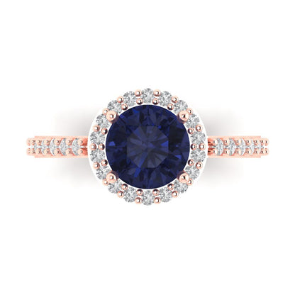 1.86 cttw Simulated Blue Sapphire Hidden Halo Engagement Ring - Solid Gold (Round Cut,7.5mm)