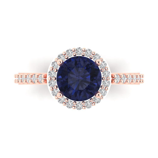1.86 cttw Simulated Blue Sapphire Hidden Halo Engagement Ring - Solid Rose Gold (VVS1, Round Cut,7.5mm)