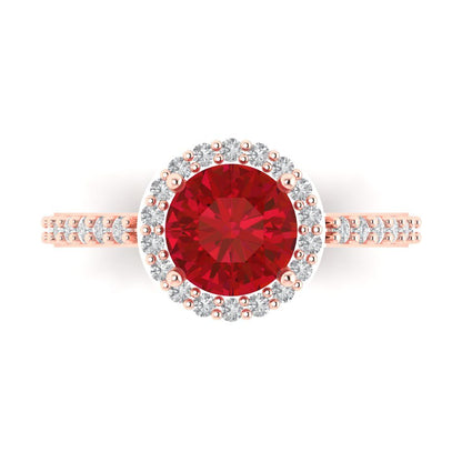1.86 cttw Simulated Ruby Hidden Halo Engagement Ring - Solid Gold (Round Cut,7.5mm)