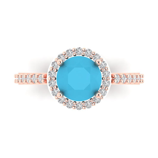 1.86 cttw Simulated Turquoise Hidden Halo Engagement Ring - Solid Rose Gold (VVS1, Round Cut,7.5mm)