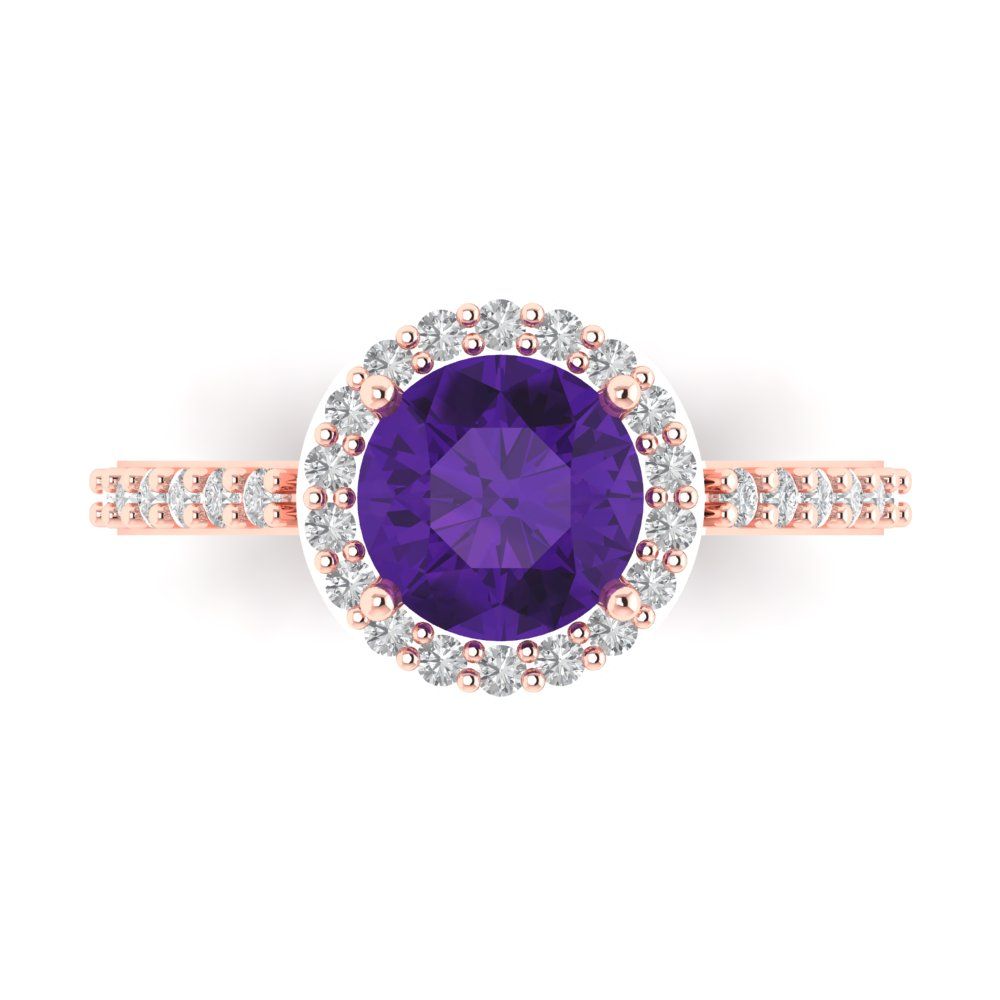 1.86 cttw Natural Amethyst Hidden Halo Engagement Ring - Solid Gold (Round Cut,7.5mm)