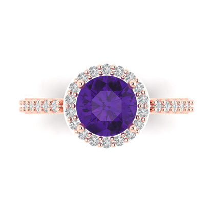 1.86 cttw Natural Amethyst Hidden Halo Engagement Ring - Solid Gold (Round Cut,7.5mm)