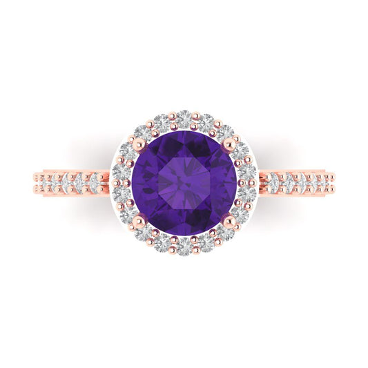 1.86 cttw Natural Amethyst Hidden Halo Engagement Ring - Solid Rose Gold (VVS1, Round Cut,7.5mm)