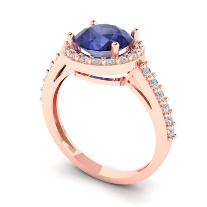 1.86 cttw Simulated Tanzanite Hidden Halo Engagement Ring - Solid Gold (Round Cut,7.5mm)