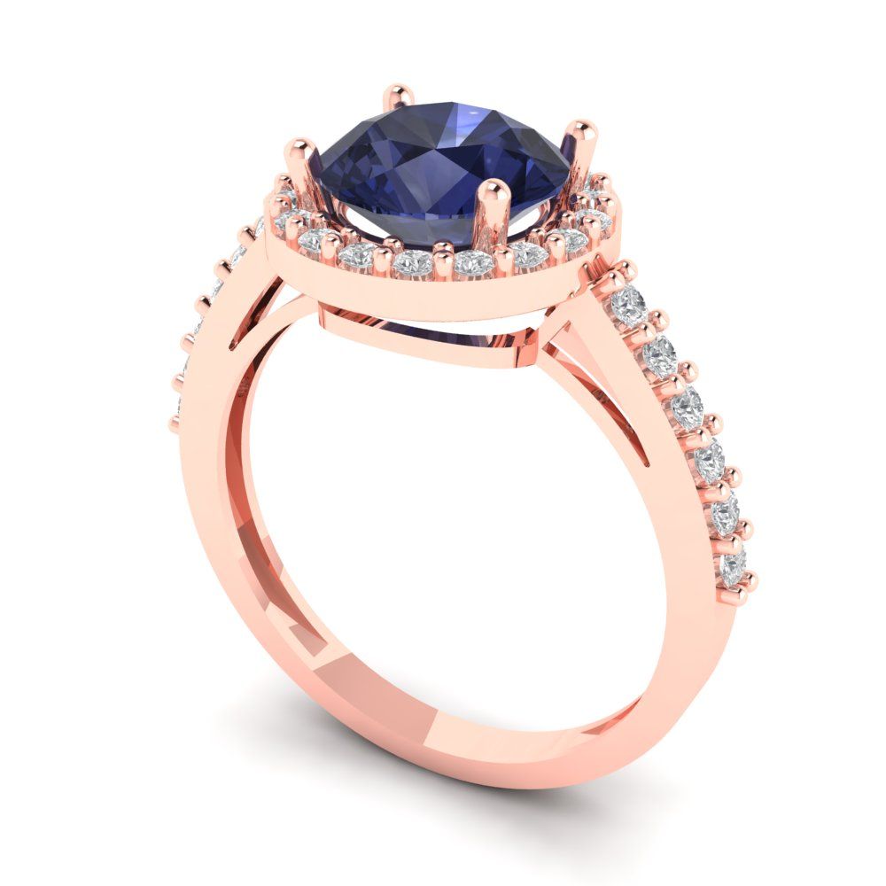 1.86 cttw Simulated Blue Sapphire Hidden Halo Engagement Ring - Solid Gold (Round Cut,7.5mm)