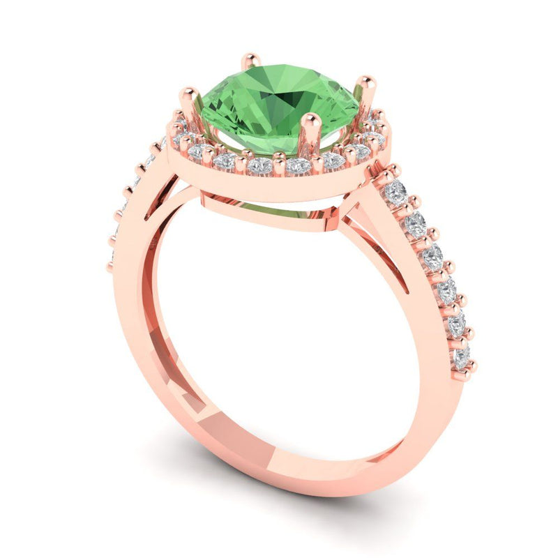 2 ct Brilliant Round Cut Green Simulated Diamond Stone Rose Gold Halo Solitaire with Accents Ring