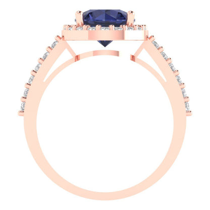 1.86 cttw Simulated Blue Sapphire Hidden Halo Engagement Ring - Solid Gold (Round Cut,7.5mm)