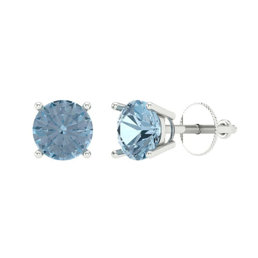 1 ctw Aquamarine Studs Earrings | 5.0mm Round Cut White Gold Screw back | March Birthstone