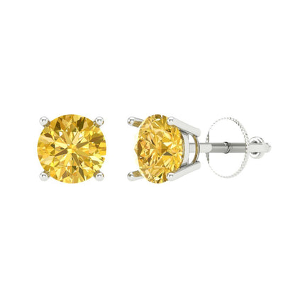 1 ctw Yellow Zirconia Studs Earrings | 5.0mm Round Cut White Gold Screw back | April Birthstone