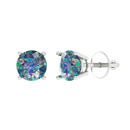 1 ctw Blue Moissanite Studs Earrings | 5.0mm Round Cut White Gold Screw back | April Birthstone