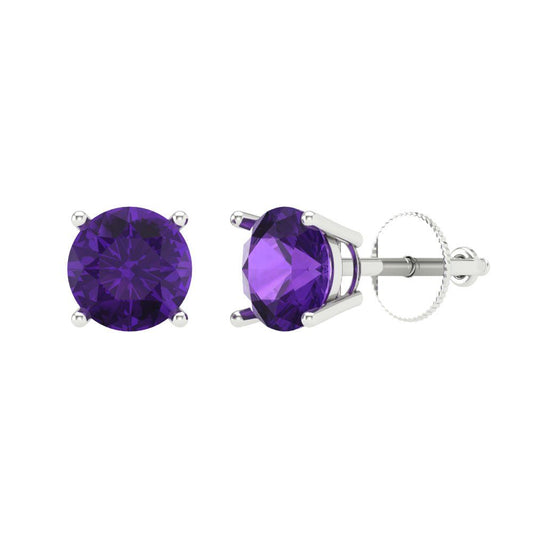1 ctw Amethyst Studs Earrings | 5.0mm Round Cut White Gold Screw back | February Birthstone