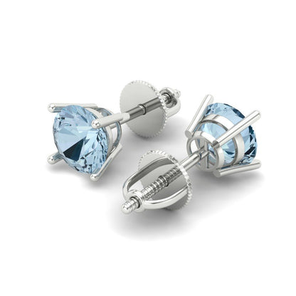 1 ctw Aquamarine Studs Earrings | 5.0mm Round Cut White Gold Screw back | March Birthstone