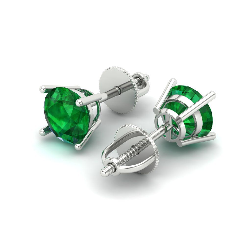 1 ctw Emerald Studs Earrings | 5.0mm Round Cut White Gold Screw back | May Birthstone