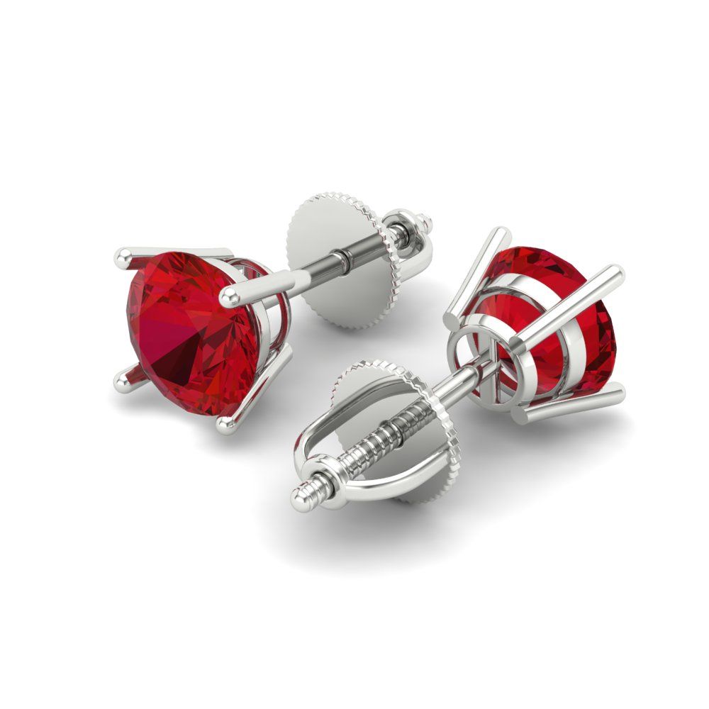 1 ctw Ruby Studs Earrings | 5.0mm Round Cut White Gold Screw back | July Birthstone