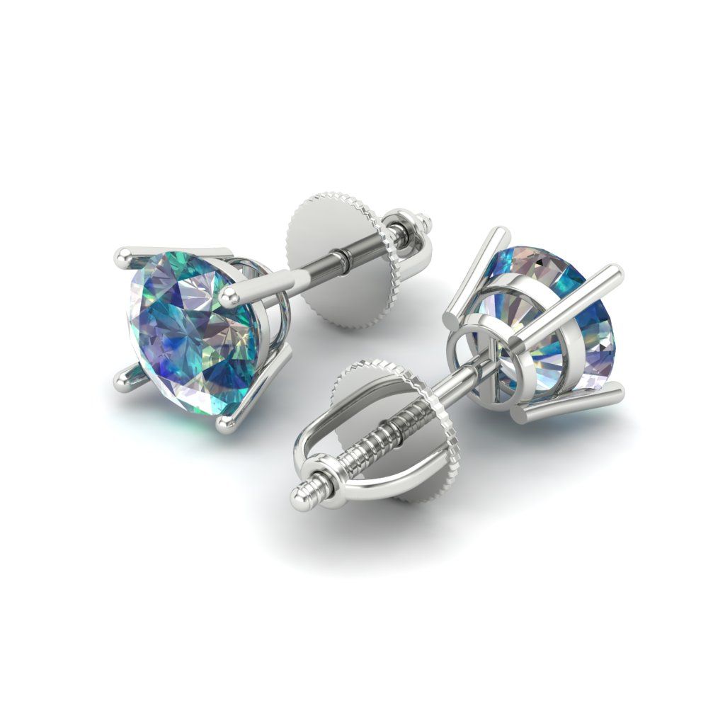 1 ctw Blue Moissanite Studs Earrings | 5.0mm Round Cut White Gold Screw back | April Birthstone