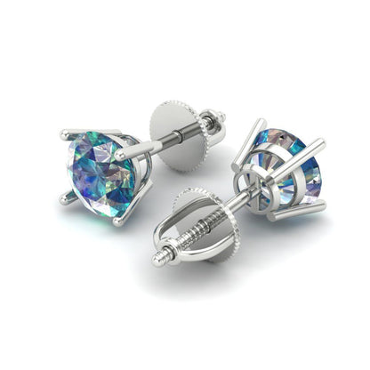 1 ctw Blue Moissanite Studs Earrings | 5.0mm Round Cut White Gold Screw back | April Birthstone