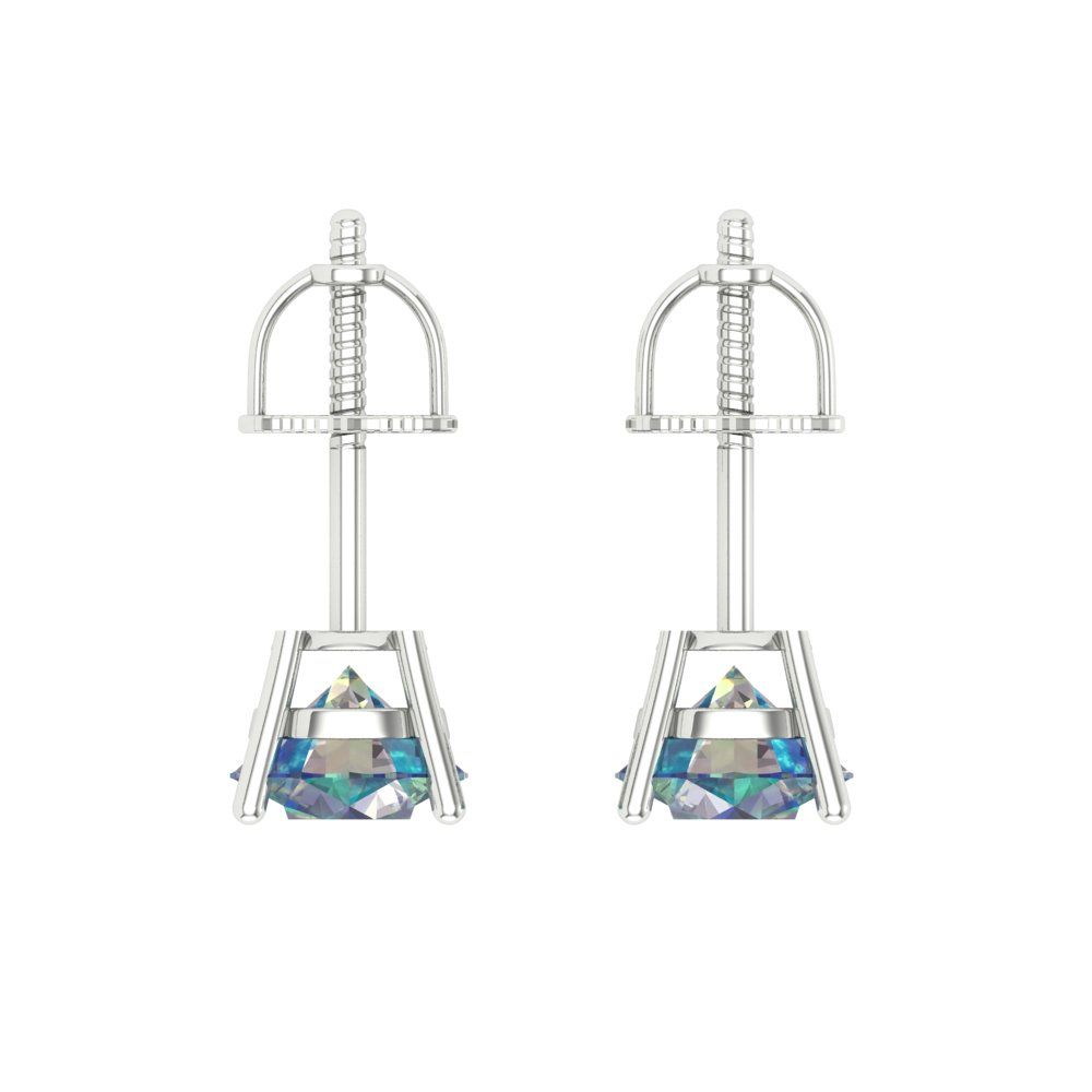 1 ctw Blue Moissanite Studs Earrings | 5.0mm Round Cut White Gold Screw back | April Birthstone
