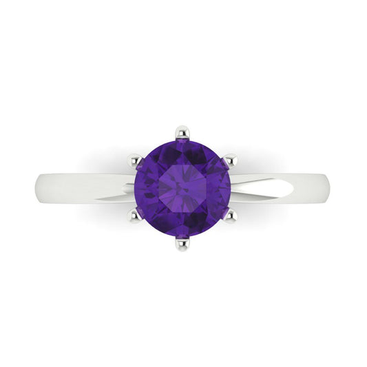 1 cttw Natural Amethyst Solitaire  Engagement Ring - Solid White Gold (VVS1, Round Cut,6.5mm)