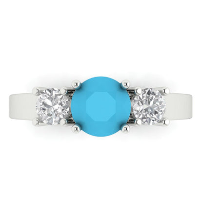 1.5 cttw Simulated Turquoise Three-Stone Engagement Ring - Solid Gold (Round Cut,6.5mm)