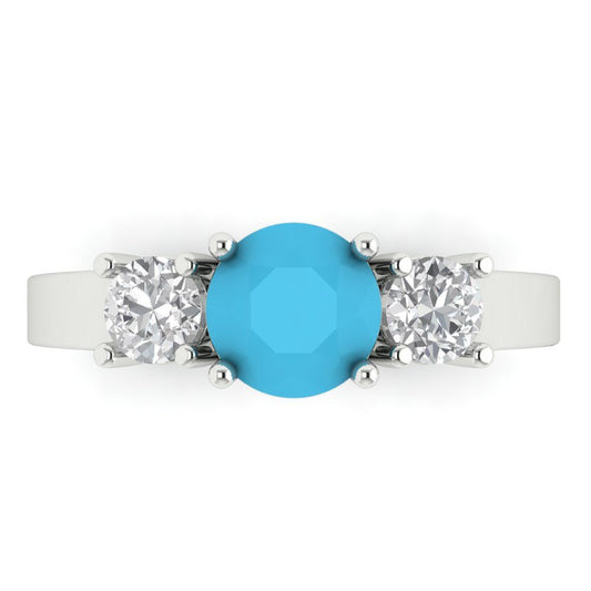 1.5 cttw Simulated Turquoise Three-Stone Engagement Ring - Solid White Gold (VVS1, Round Cut,6.5mm)