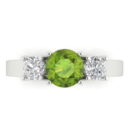 1.5 cttw Natural Peridot Three-Stone Engagement Ring - Solid White Gold (VVS1, Round Cut,6.5mm)