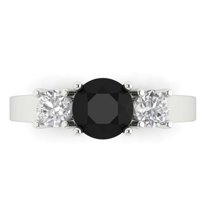 1.5 cttw Natural Onyx Three-Stone Engagement Ring - Solid White Gold (VVS1, Round Cut,6.5mm)