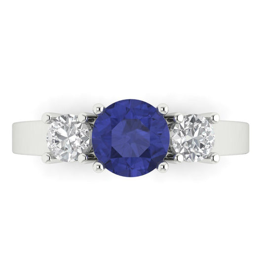 1.5 cttw Simulated Tanzanite Three-Stone Engagement Ring - Solid White Gold (VVS1, Round Cut,6.5mm)