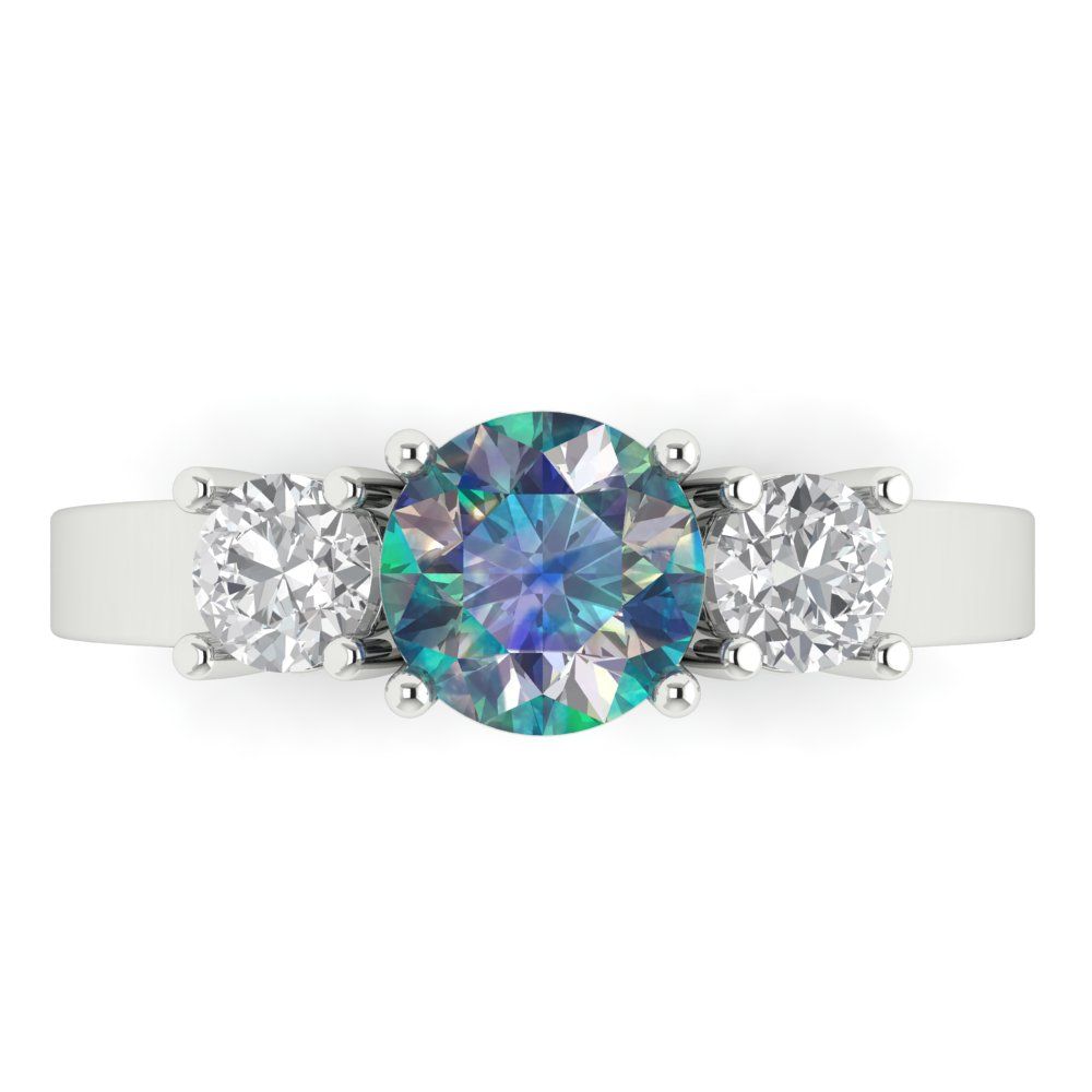 1.5 cttw Blue Moissanite Three-Stone Engagement Ring - Solid White Gold (VVS1, Round Cut,6.5mm)