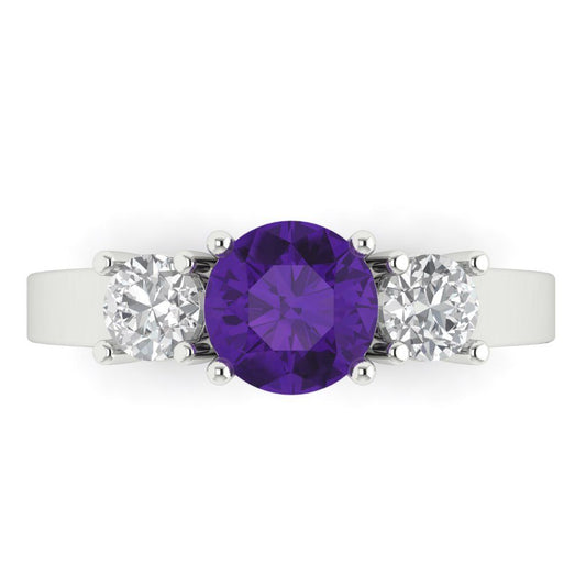 1.5 cttw Natural Amethyst Three-Stone Engagement Ring - Solid White Gold (VVS1, Round Cut,6.5mm)