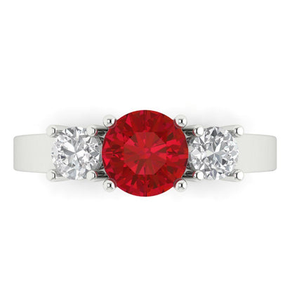 1.5 cttw Simulated Ruby Three-Stone Engagement Ring - Solid White Gold (VVS1, Round Cut,6.5mm)