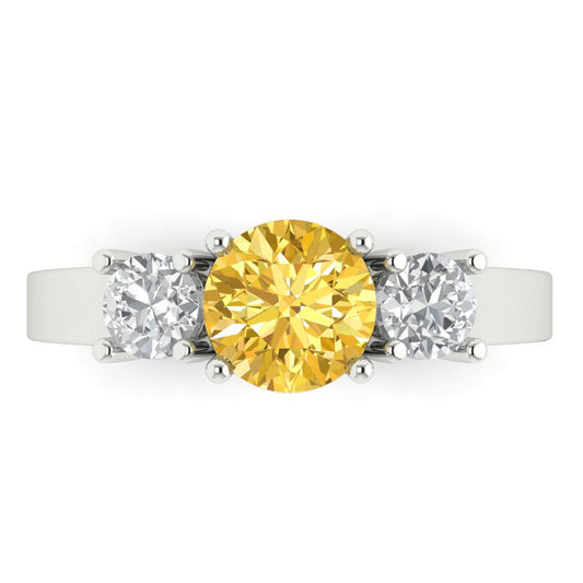 1.5 cttw Zirconia Simulated Yellow Diamond Three-Stone Engagement Ring - Solid White Gold (VVS1, Round Cut,6.5mm)