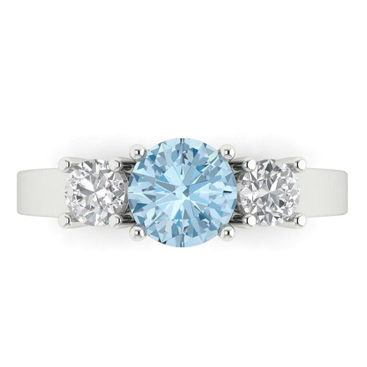 1.5 cttw Natural Aquamarine Three-Stone Engagement Ring - Solid White Gold (VVS1, Round Cut,6.5mm)
