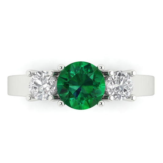 1.5 cttw Simulated Emerald Three-Stone Engagement Ring - Solid White Gold (VVS1, Round Cut,6.5mm)