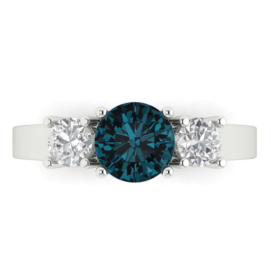 1.5 cttw Natural London Blue Topaz Three-Stone Engagement Ring - Solid White Gold (VVS1, Round Cut,6.5mm)