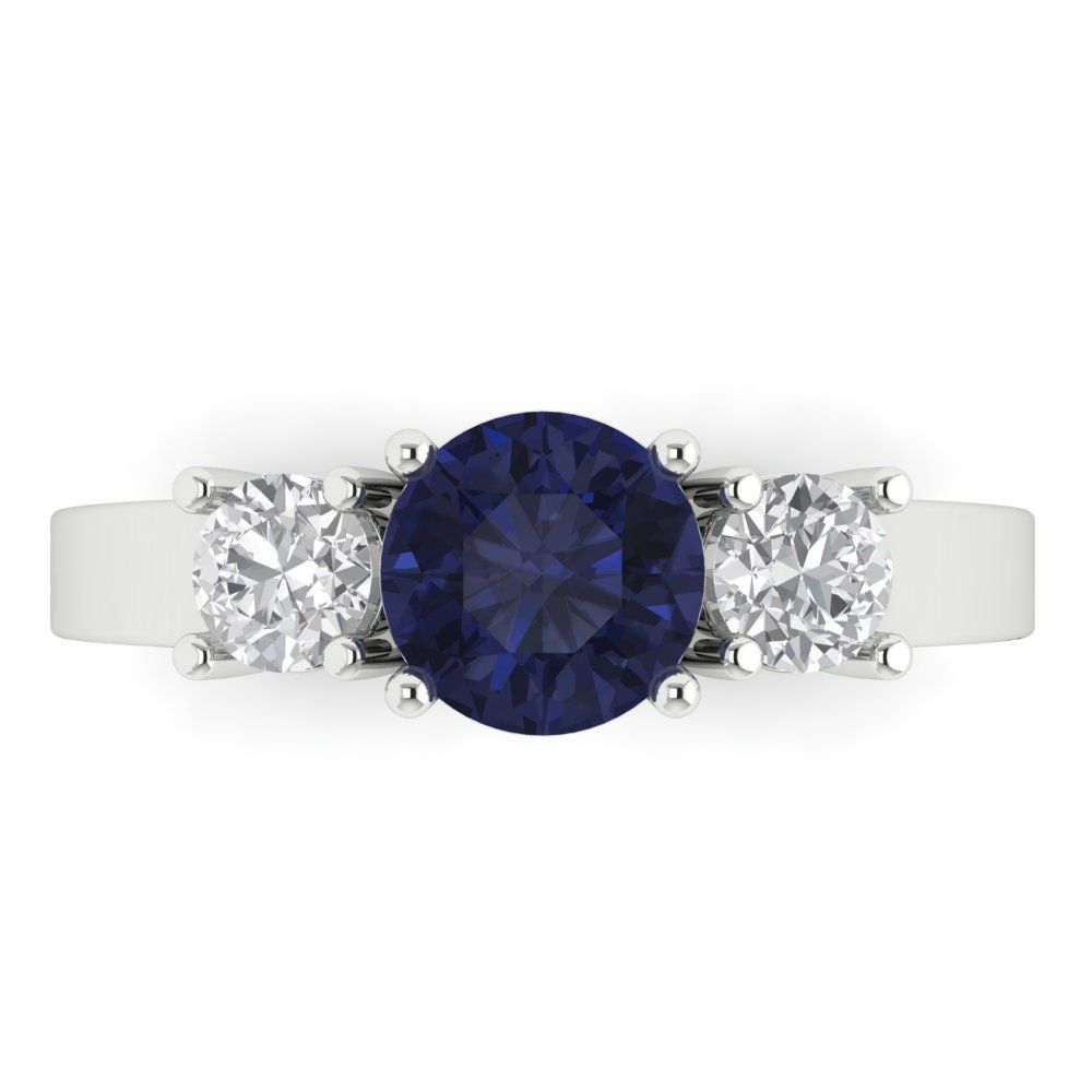 1.5 cttw Simulated Blue Sapphire Three-Stone Engagement Ring - Solid Gold (Round Cut,6.5mm)