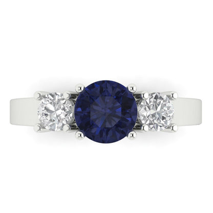 1.5 cttw Simulated Blue Sapphire Three-Stone Engagement Ring - Solid Gold (Round Cut,6.5mm)