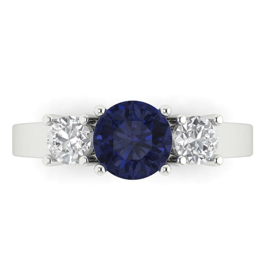 1.5 cttw Simulated Blue Sapphire Three-Stone Engagement Ring - Solid White Gold (VVS1, Round Cut,6.5mm)