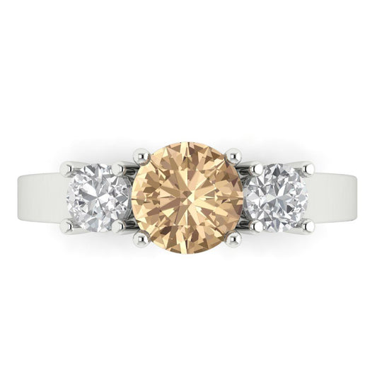 1.5 cttw Yellow Moissanite Three-Stone Engagement Ring - Solid White Gold (VVS1, Round Cut,6.5mm)