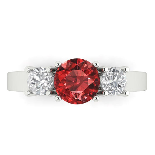 1.5 cttw Natural Garnet Three-Stone Engagement Ring - Solid White Gold (VVS1, Round Cut,6.5mm)