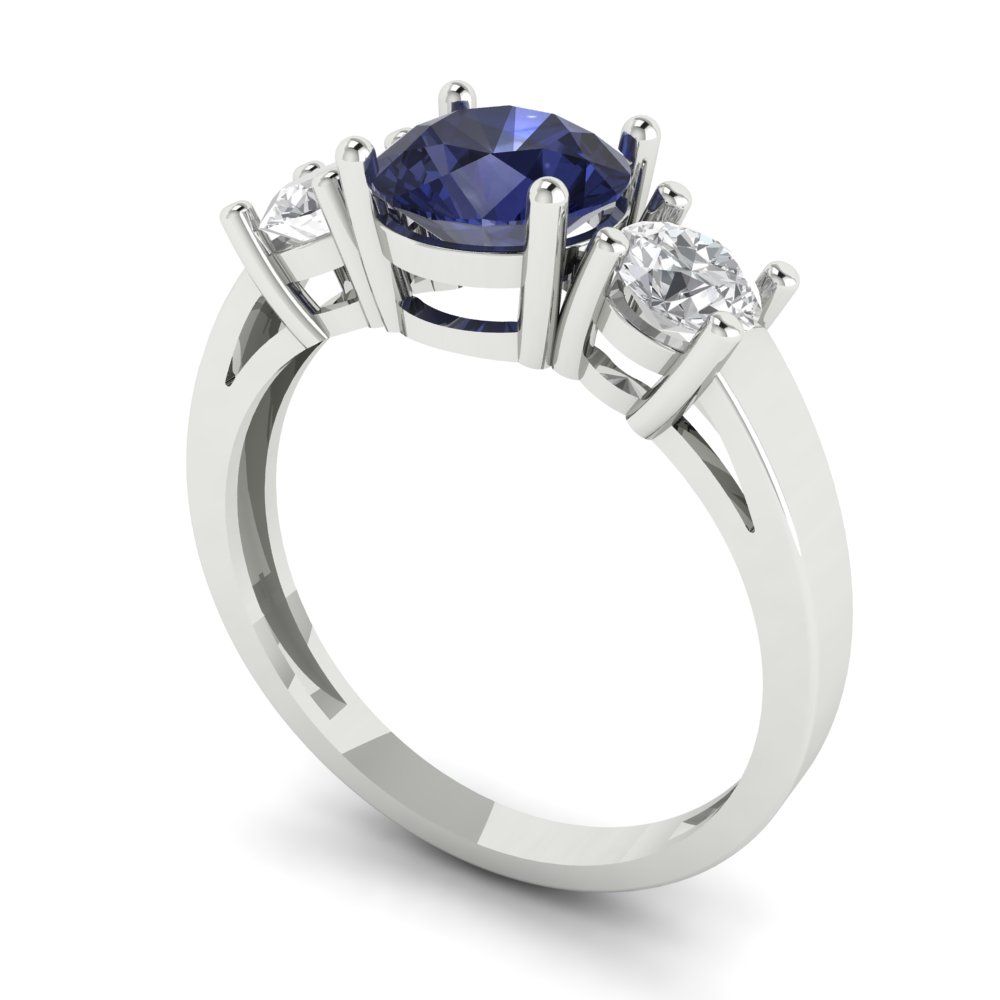 1.5 cttw Simulated Blue Sapphire Three-Stone Engagement Ring - Solid Gold (Round Cut,6.5mm)