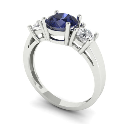1.5 cttw Simulated Blue Sapphire Three-Stone Engagement Ring - Solid Gold (Round Cut,6.5mm)
