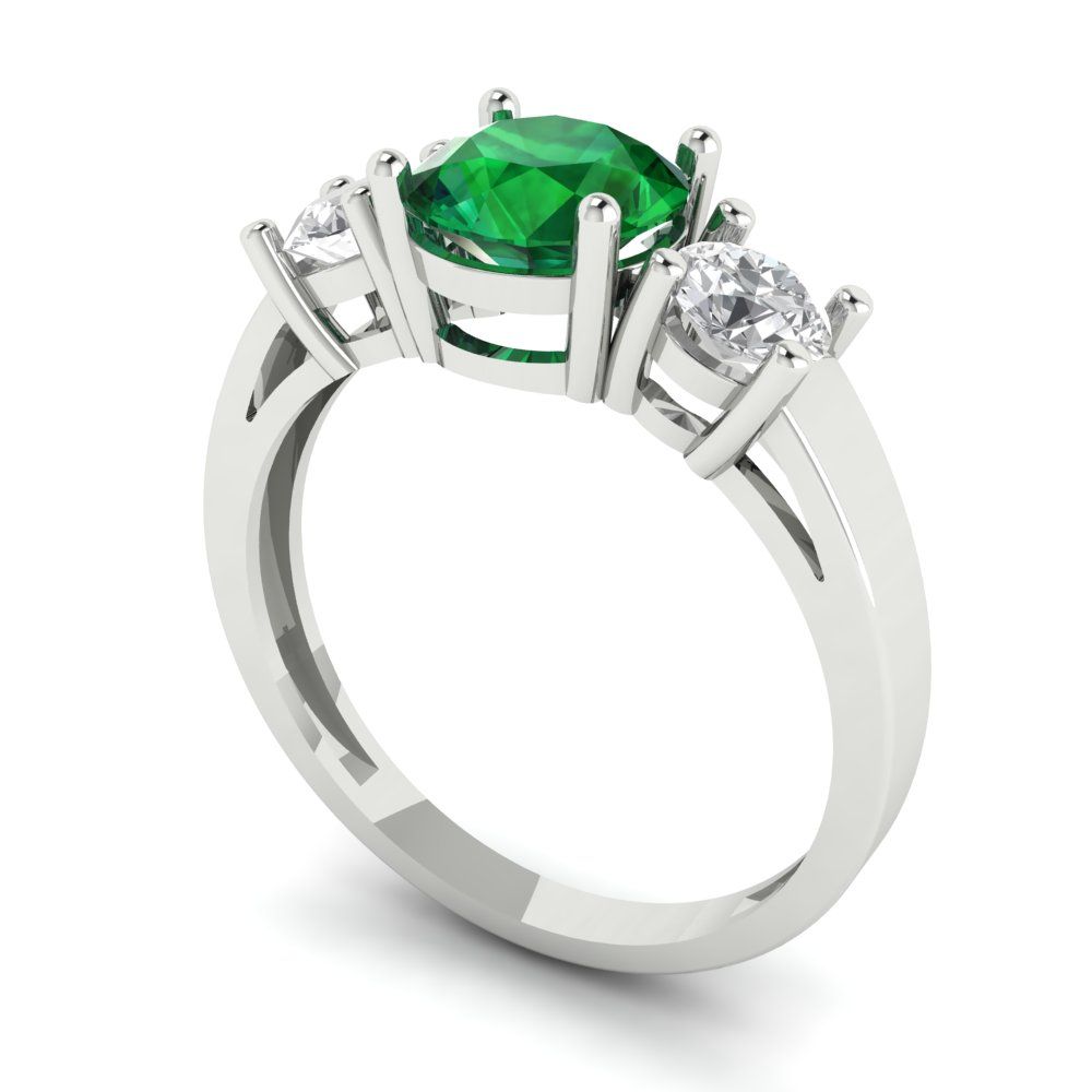 1.5 cttw Simulated Emerald Three-Stone Engagement Ring - Solid Gold (Round Cut,6.5mm)