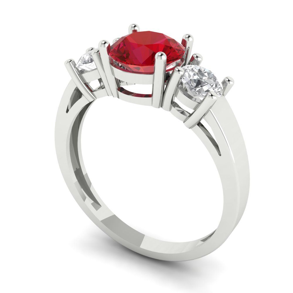 1.5 cttw Simulated Ruby Three-Stone Engagement Ring - Solid White Gold (VVS1, Round Cut,6.5mm)