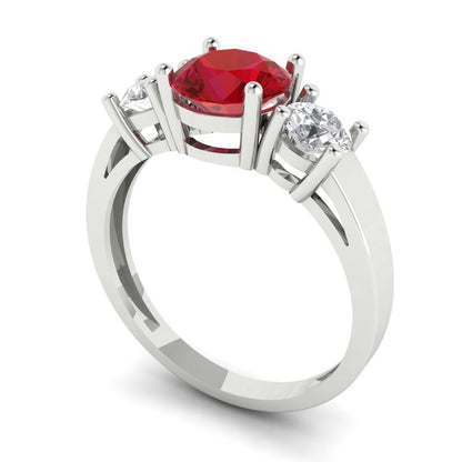 1.5 cttw Simulated Ruby Three-Stone Engagement Ring - Solid White Gold (VVS1, Round Cut,6.5mm)
