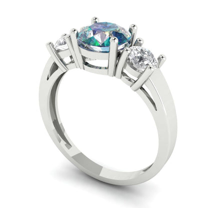1.5 cttw Blue Moissanite Three-Stone Engagement Ring - Solid White Gold (VVS1, Round Cut,6.5mm)