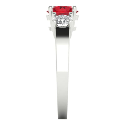 1.5 cttw Simulated Ruby Three-Stone Engagement Ring - Solid White Gold (VVS1, Round Cut,6.5mm)